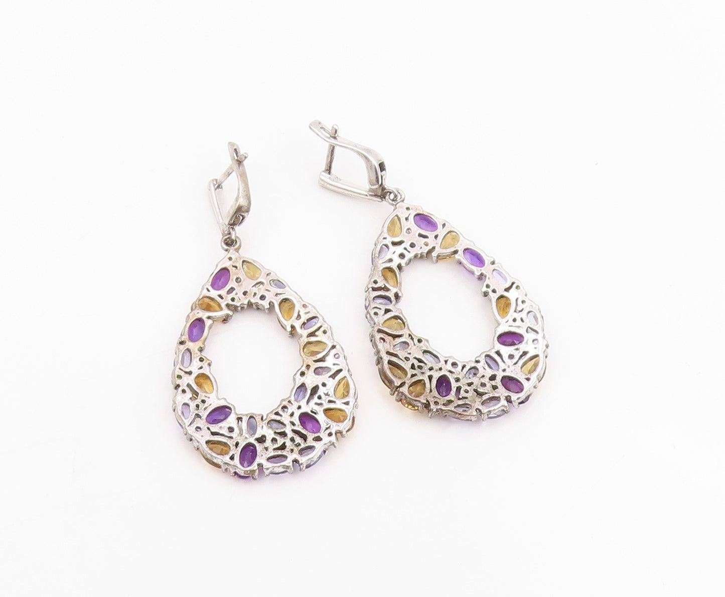 925 Sterling Silver Vintage Earrings Multi Gemstone Teardrop Cluster  EG13854