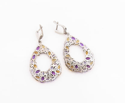 925 Sterling Silver Vintage Earrings Multi Gemstone Teardrop Cluster  EG13854