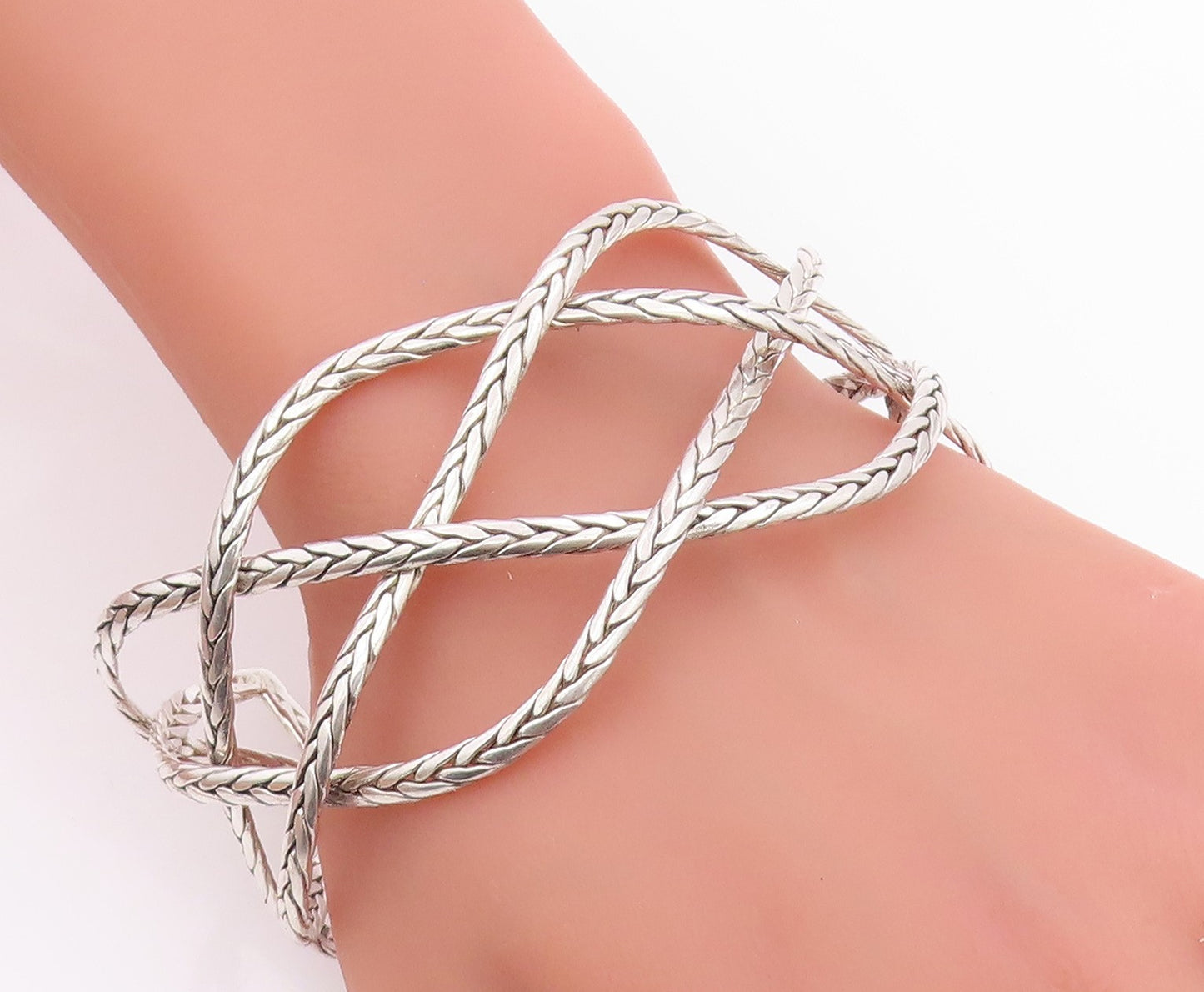 925 Sterling Silver Vintage Bracelet Cutout Breaded Ropes Woven Cuff  BT11357
