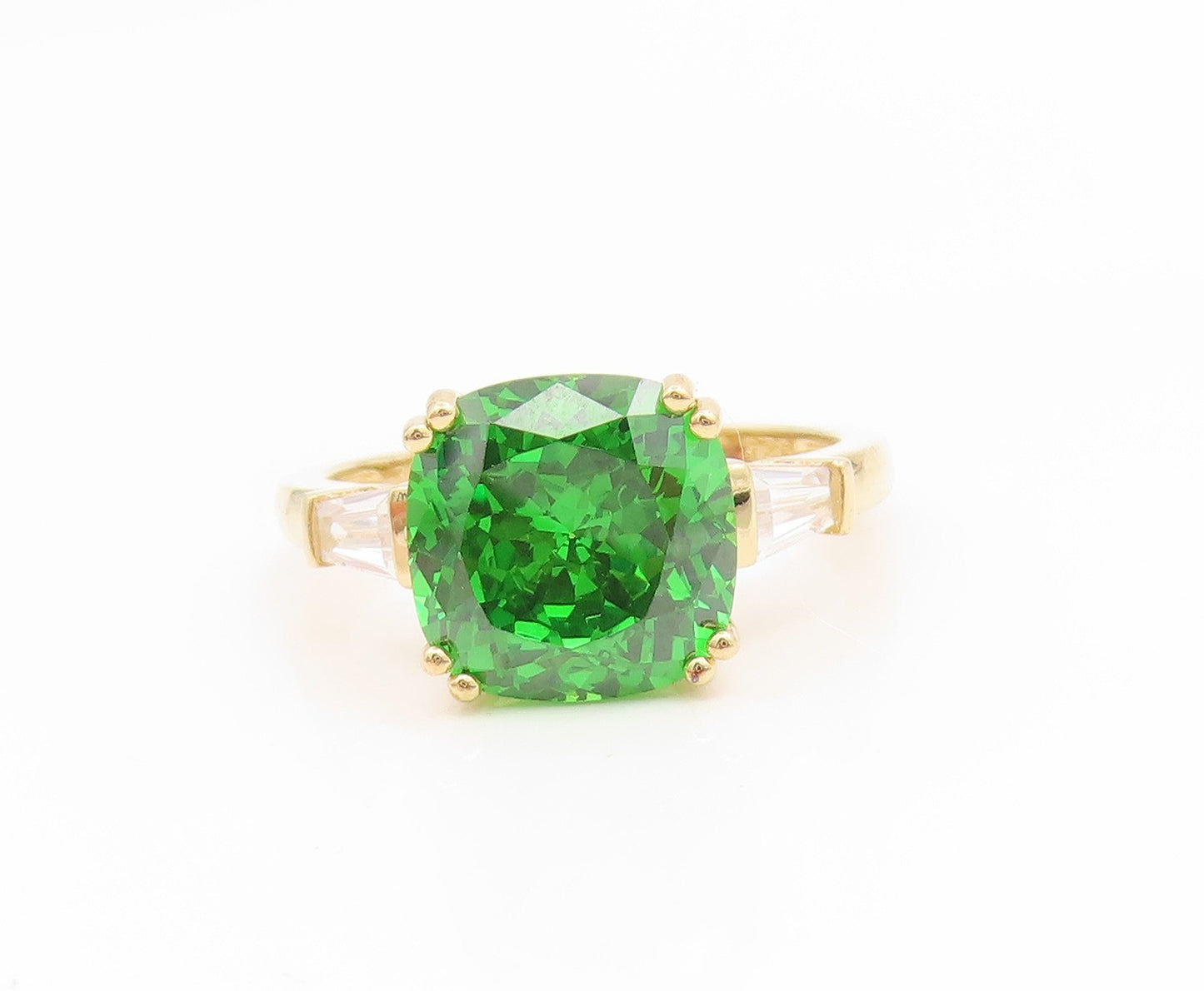 925 Sterling Silver Vintage Ring Gold Plated Green & White CZ Band Sz 8 RG35288