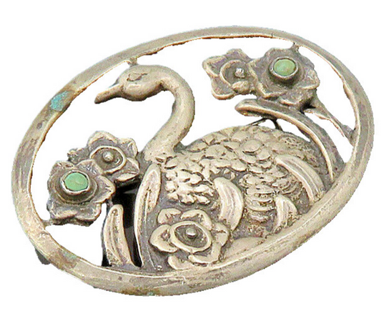 MEXICO 925 Silver  Vintage Antique Turquoise Floral Swan Brooch Pin  BP8148