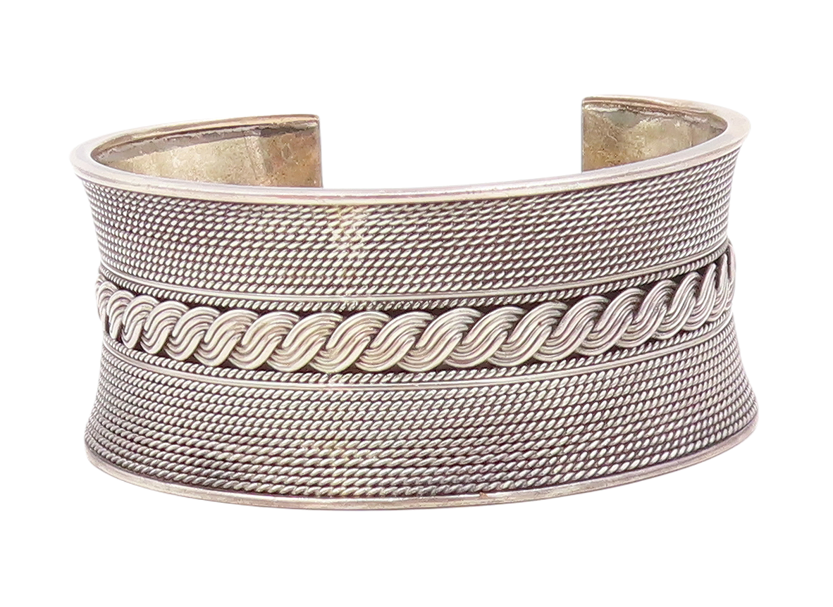925 Sterling Silver  Vintage Shiny Swirl Twist Concave Cuff Bracelet  BT2656