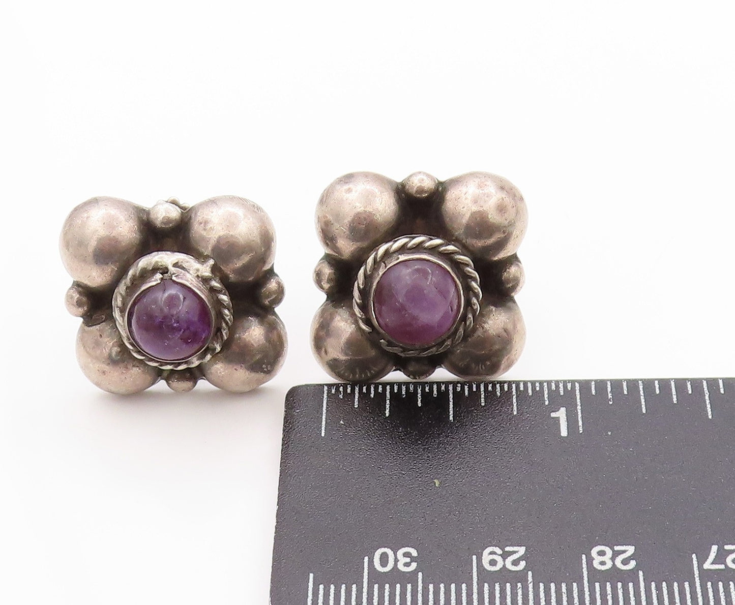 925 Sterling Silver Vintage Earrings MEXICO Antique Amethyst Flower  EG13580