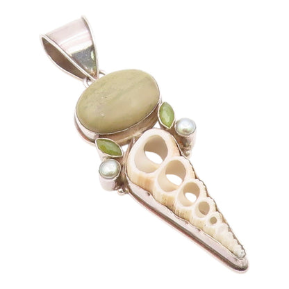 925 Sterling Silver  Vintage Pearls Peridot Jasper & Shell Pendant  PT19697