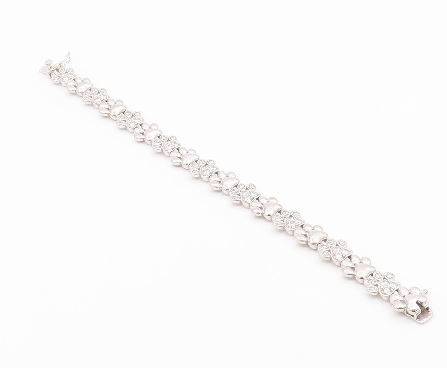 925 Sterling Silver Vintage Bracelet Topaz Paw Print & Heart Tennis Link BT12183