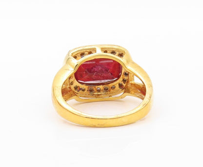 925 Sterling Silver Vintage Ring Gold Plated Diamond Frame & Ruby  Sz 8  RG30199