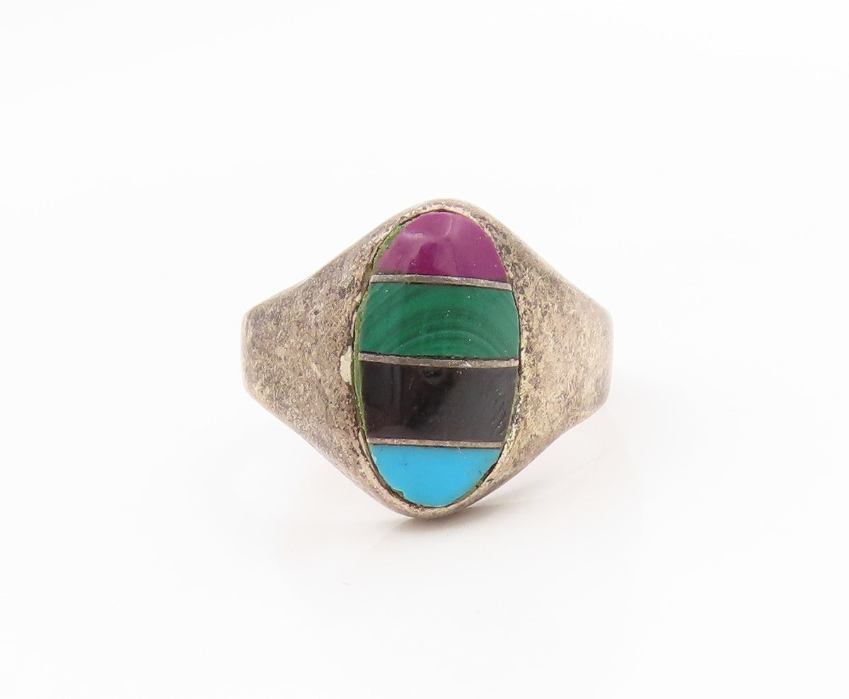 925 Sterling Silver Vintage Ring Multi Gemstone Inlay Band  Sz 9.5  RG34618