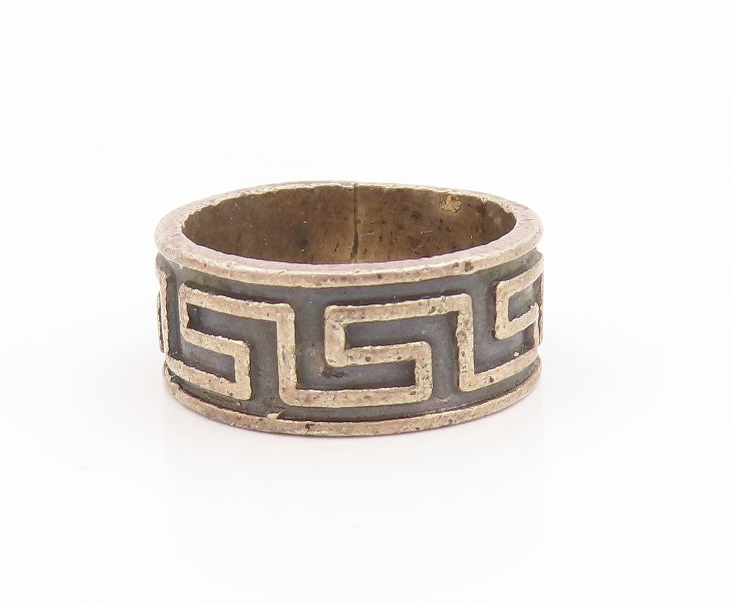 925 Sterling Silver Vintage Ring Carved Greek Key Pattern Band  Sz 6  RG35093