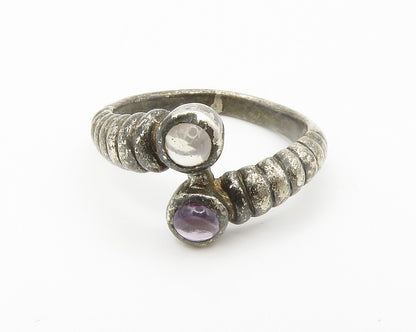 925 Sterling Silver  Vintage Topaz Dark Tone Fluted Bypass Ring Sz 7  RG14726