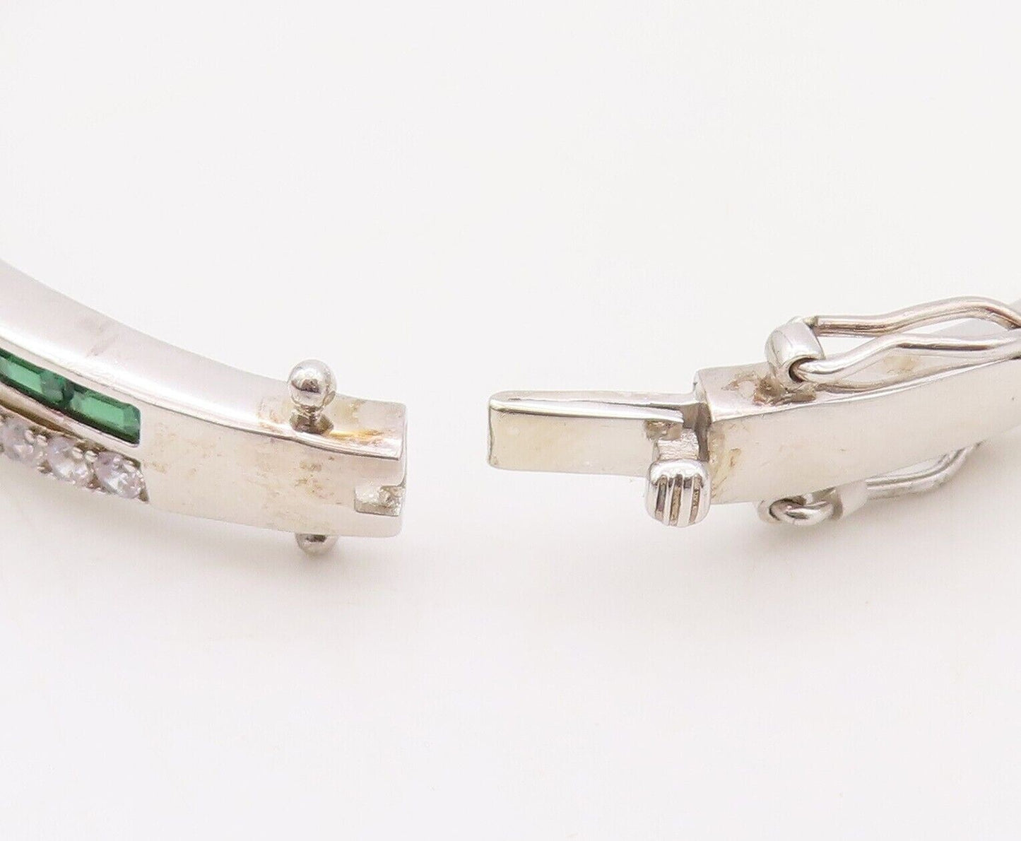 925 Sterling Silver Vintage Bracelet X Cutout Green & White Topaz Bands  BT10717