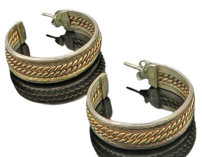 925 Sterling Silver  Vintage Two Tone Twist Raised Edge Hoop Earrings  EG11486