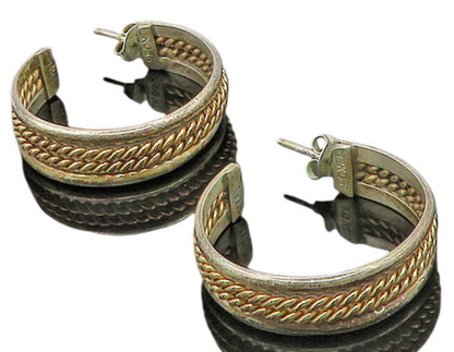 925 Sterling Silver  Vintage Two Tone Twist Raised Edge Hoop Earrings  EG11486