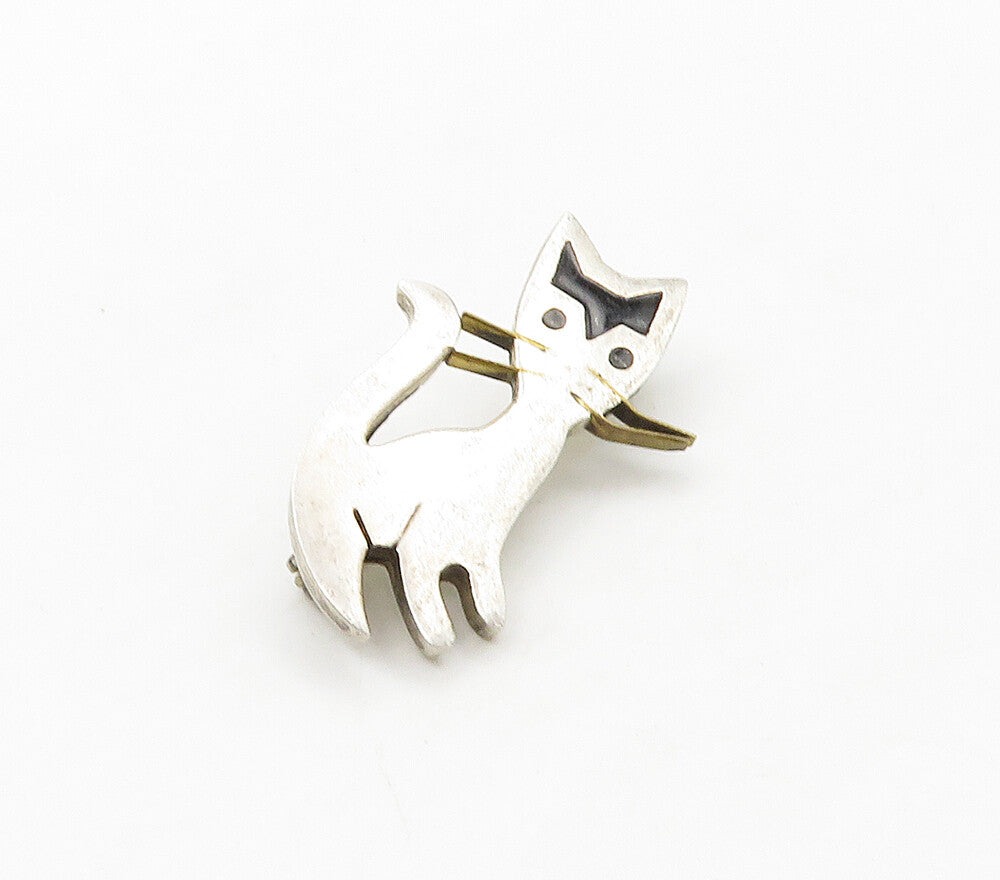 MEXICO 925 Silver  Vintage Inlaid Black Onyx Cat Motif Brooch Pin  BP6303