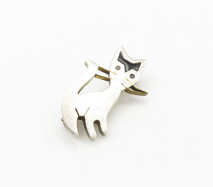 MEXICO 925 Silver  Vintage Inlaid Black Onyx Cat Motif Brooch Pin  BP6303