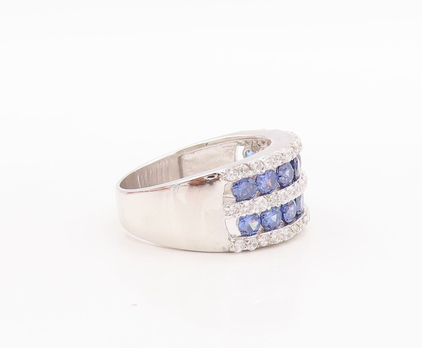 925 Sterling Silver Vintage Ring Round Cut Blue & White CZ Bands  Sz 7  RG29411