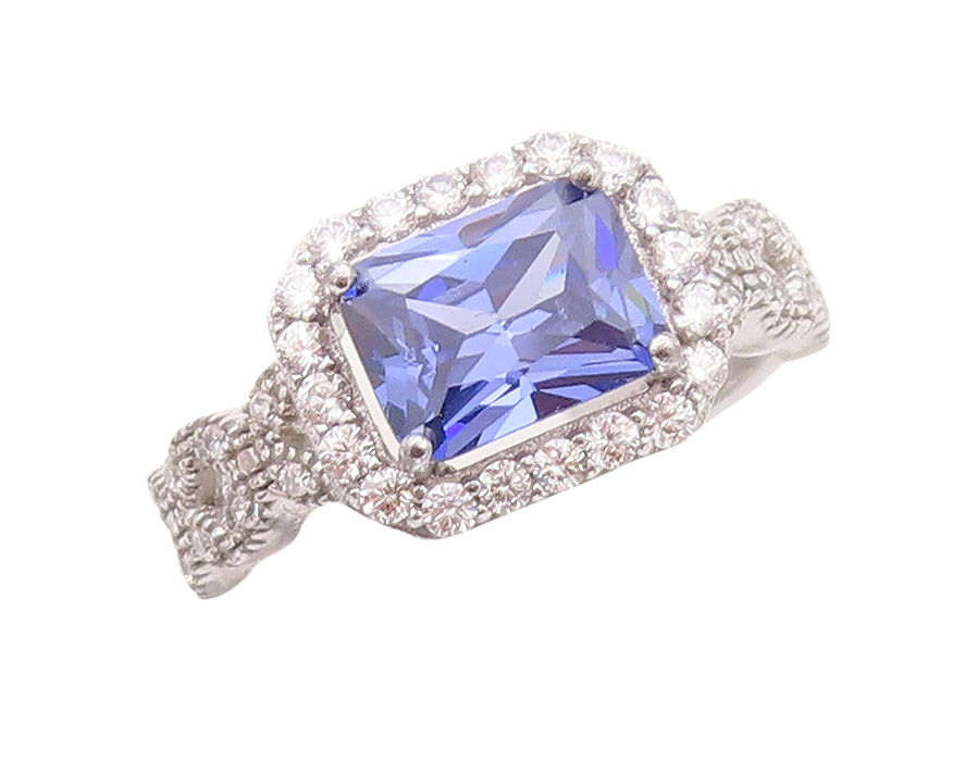 925 Sterling Silver Vintage Ring Rectangle Cut Sapphire Halo CZ  Sz 7  RG30138