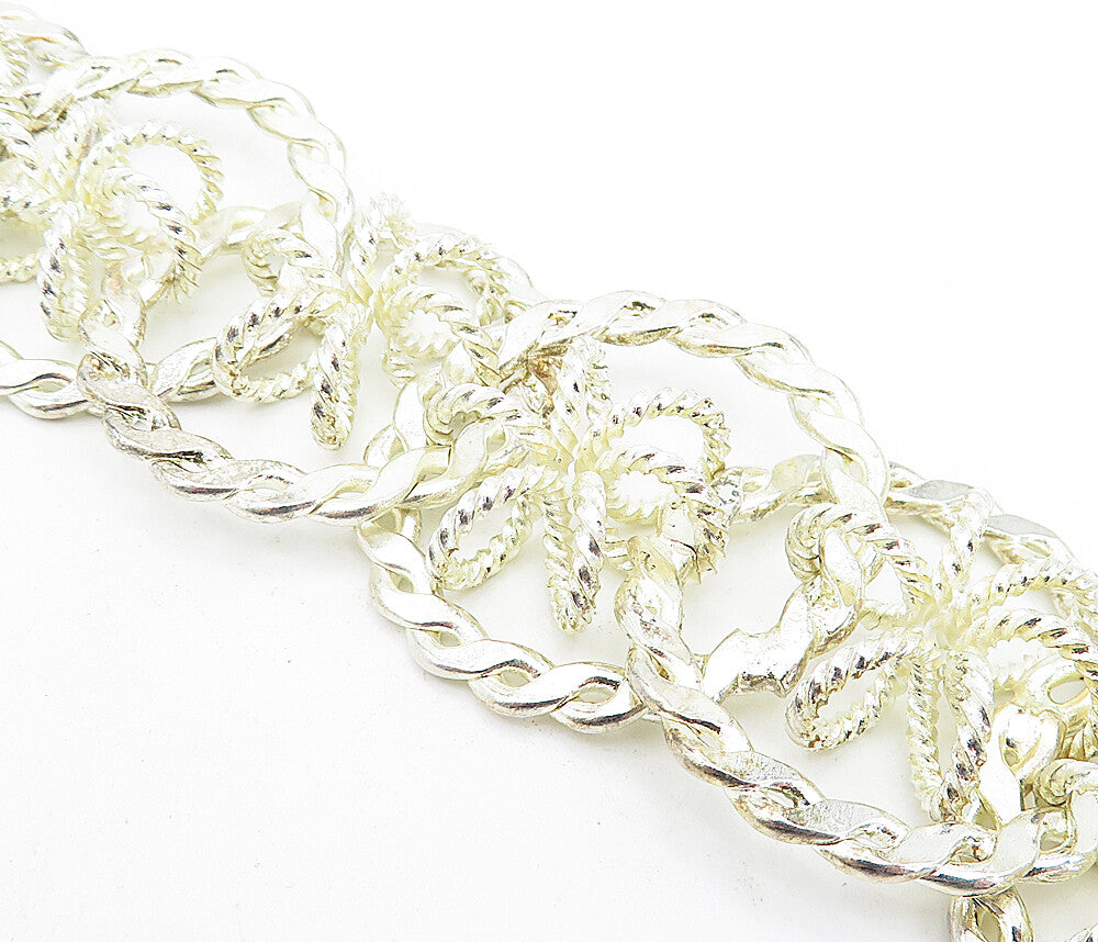 925 Sterling Silver  Polished Open Circle Floral Twist Chain Bracelet  BT1619