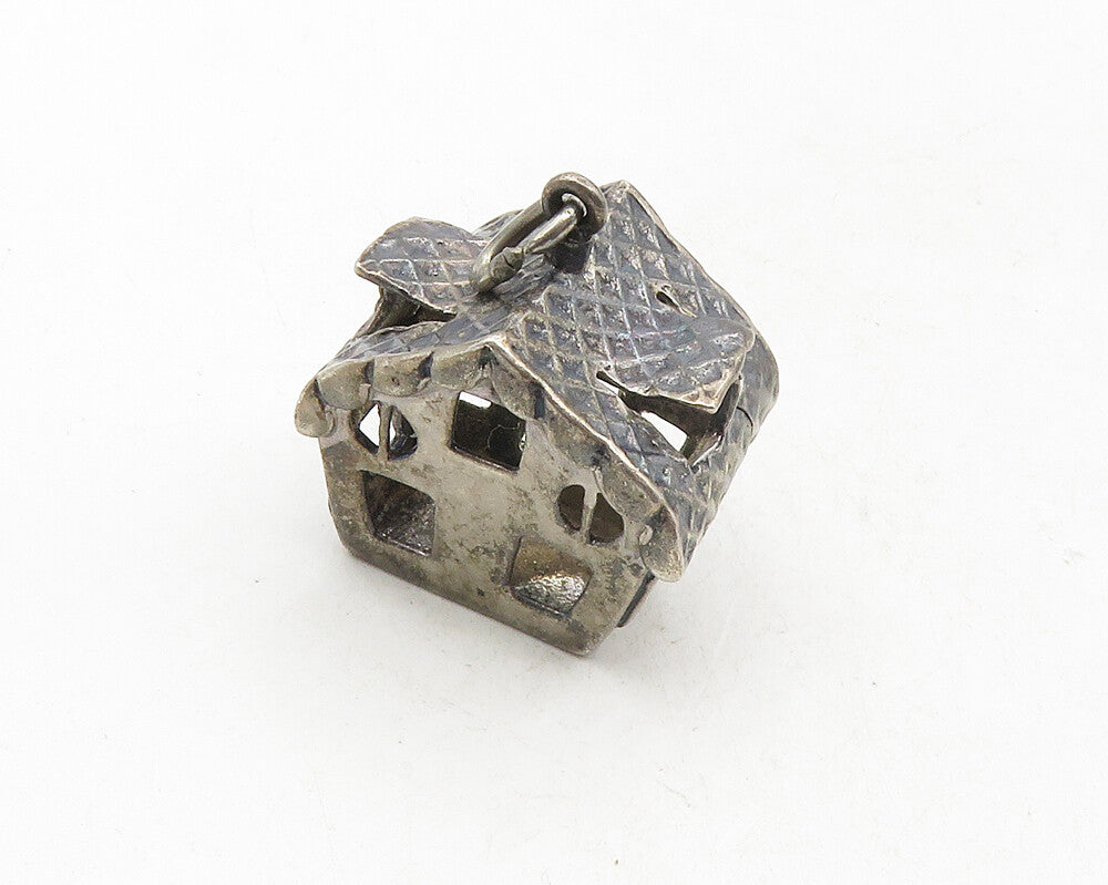 925 Sterling Silver  Vintage Dark Tone Bird House Motif Drop Pendant  PT7881