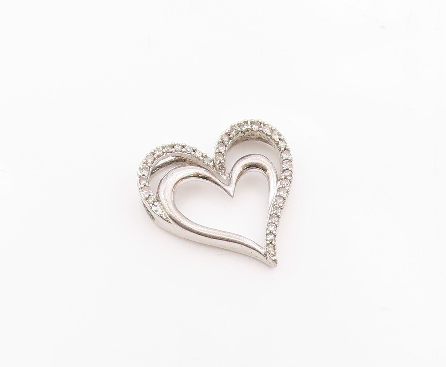 925 Sterling Silver  Vintage Genuine Diamonds Open Love Hearts Pendant  PT7516