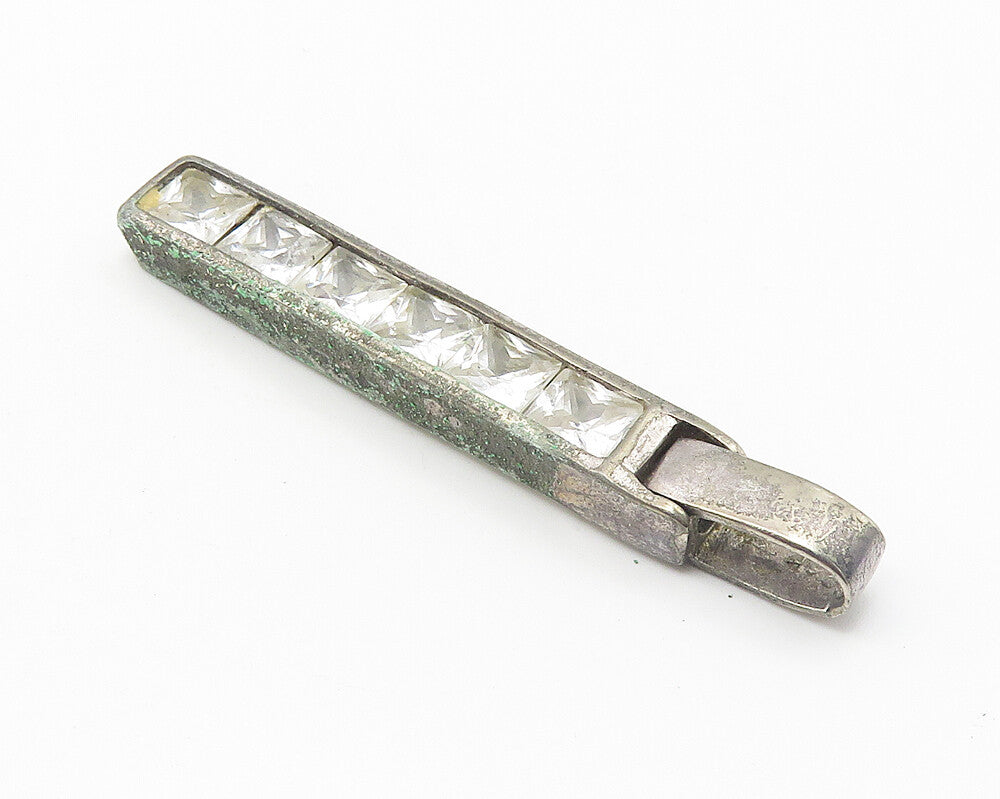925 Sterling Silver  Vintage Cubic Zirconia Vertical Bar Drop Pendant  PT8288