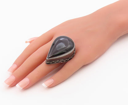 925 Sterling Silver Vintage Ring Large Pear Cut Onyx Solid Band  Sz 9  RG36362