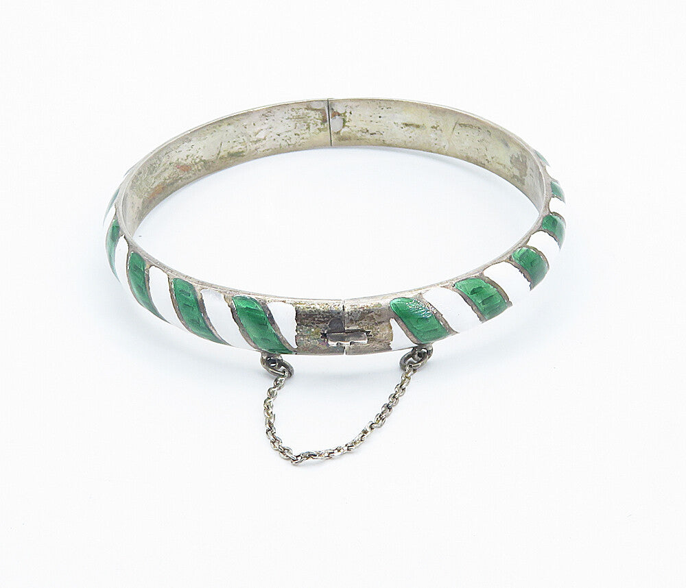 SIAM 925 Silver  Vintage Enamel Striped Pattern Round Bangle Bracelet  BT3415