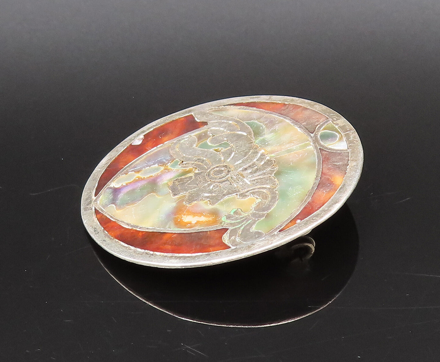 MEXICO 925 Silver  Vintage Abalone & Tiger's Eye Warrior Brooch Pin  BP10088