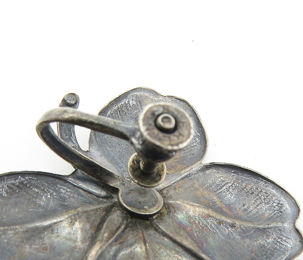 925 Sterling Silver  Vintage Oxidized Flower Motif Non Pierce Earrings  EG4548