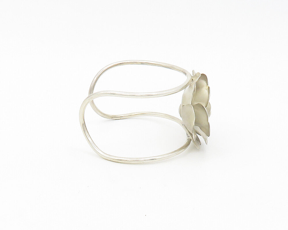 DESIGNER 925 Silver  Vintage Sculpted Flower Motif Shiny Cuff Bracelet  BT7815