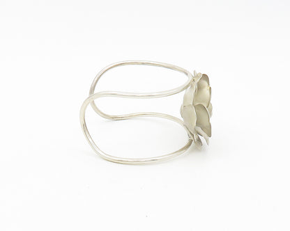 DESIGNER 925 Silver  Vintage Sculpted Flower Motif Shiny Cuff Bracelet  BT7815