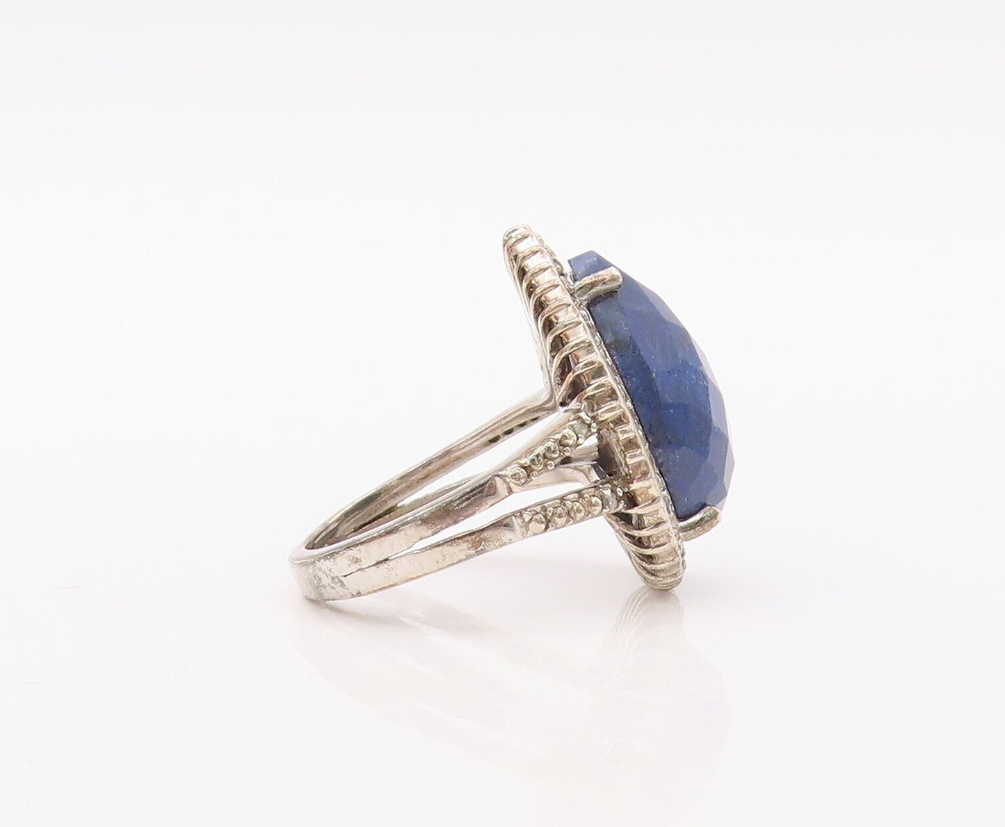 925 Sterling Silver Vintage Ring Diamonds & Drop Cut Sapphire  Sz 7  RG30610