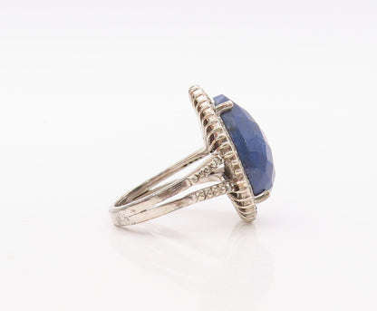 925 Sterling Silver Vintage Ring Diamonds & Drop Cut Sapphire  Sz 7  RG30610