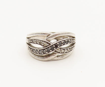 925 Silver  Vintage Black & White Diamonds Cross Band Ring Sz 5.25  RG26806