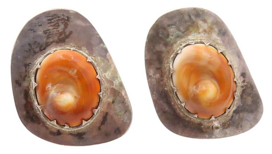 925 Sterling Silver Vintage Earrings Brutalist Dark Tone Orange Shell  EG13452