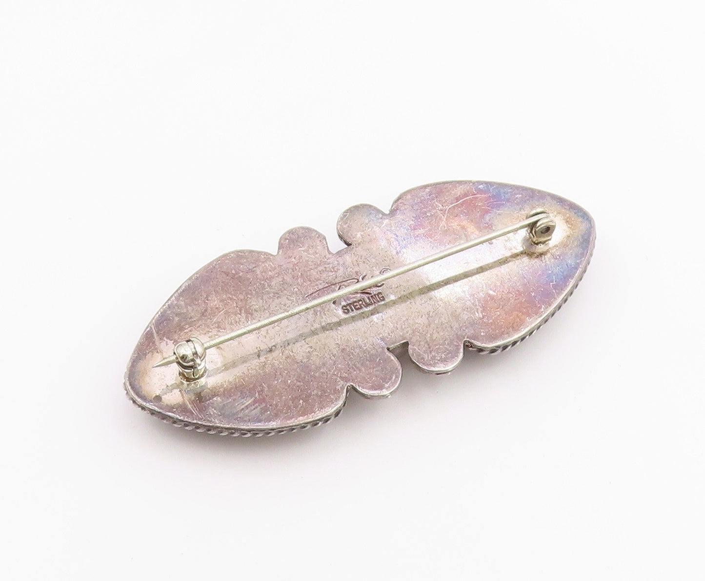 REVE 925 Silver  Vintage Black Onyx & Mother Of Pearl Twist Brooch Pin  BP8087
