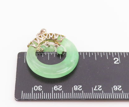 925 Sterling Silver Vintage Pendant Modernist Green Jade Disc With Beads PT26522