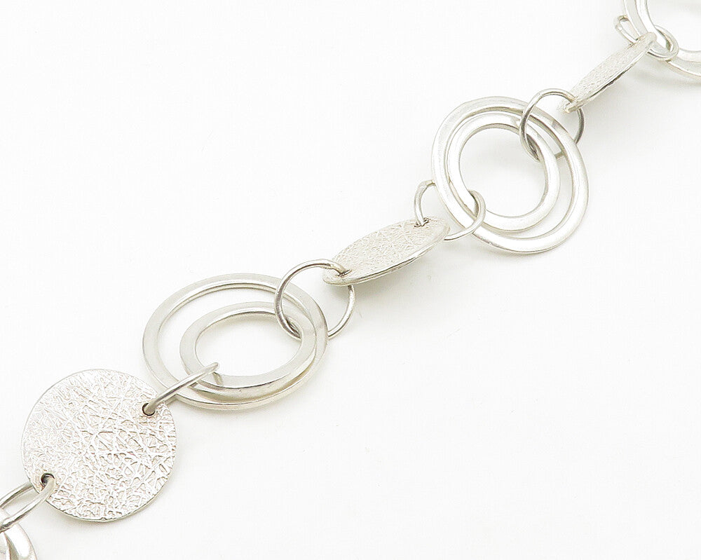 925 Sterling Silver  Vintage Shiny Open Circle Textured Chain Bracelet  BT7073