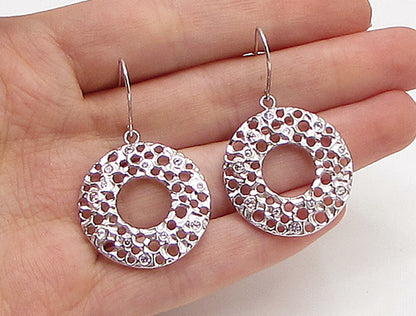 925 Sterling Silver White Cubic Zirconia Cut Out Hoops Dangle Earrings EG1880