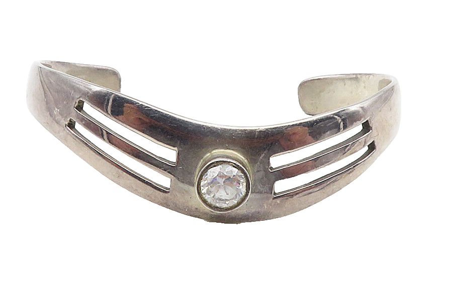 MEXICO 925 Sterling Silver  Vintage Cubic Zirconia Cutout Cuff Bracelet BT4128