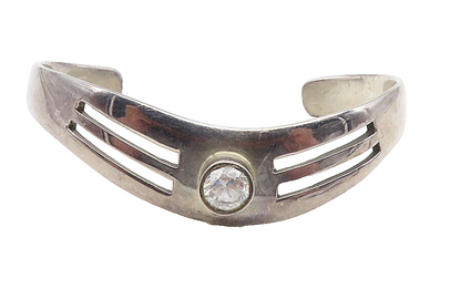 MEXICO 925 Sterling Silver  Vintage Cubic Zirconia Cutout Cuff Bracelet BT4128