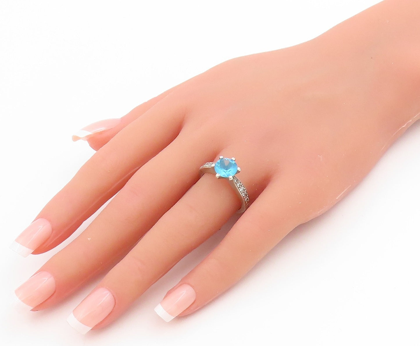 925 Sterling Silver Vintage Ring Round Cut Blue Topaz & CZ Band  Sz 8  RG33996