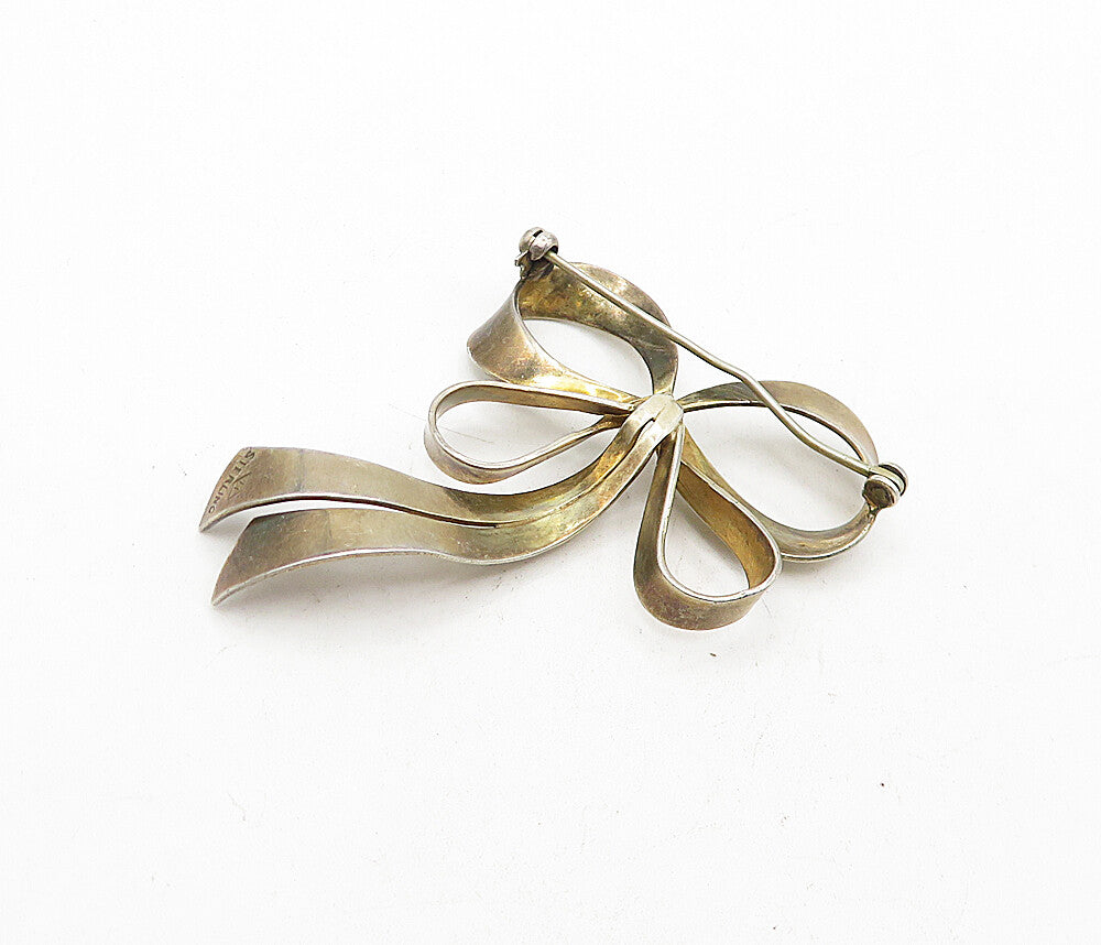 925 Sterling Silver  Vintage Dark Tone Bow Tied Ribbon Brooch Pin  BP1448