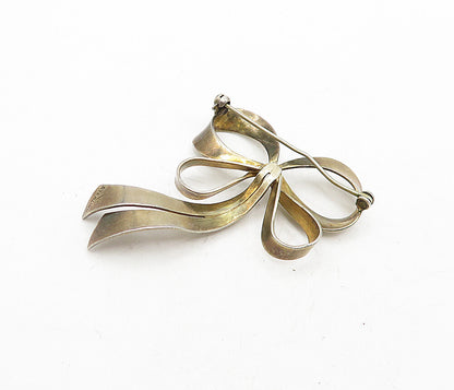 925 Sterling Silver  Vintage Dark Tone Bow Tied Ribbon Brooch Pin  BP1448