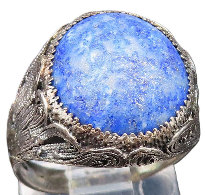925 Silver  Vintage Antique Cabochon Sodalite Filigree Ring Sz 5  RG25481
