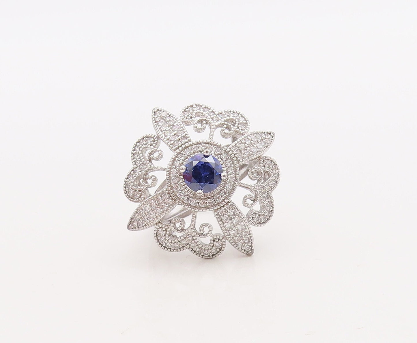 925 Sterling Silver Vintage Ring CZ & Sapphire Cutout Flower  Sz 7  RG29843