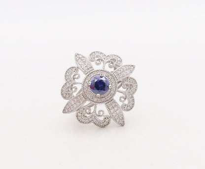 925 Sterling Silver Vintage Ring CZ & Sapphire Cutout Flower  Sz 7  RG29843
