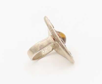 925 Sterling Silver  Vintage Beaded Tiger's Eye Triangle Ring Sz 5.5  RG27388