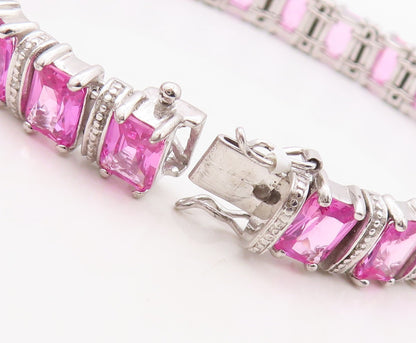 925 Sterling Silver Vintage Bracelet Rectangle Pink & White CZ Inlay  BT10866