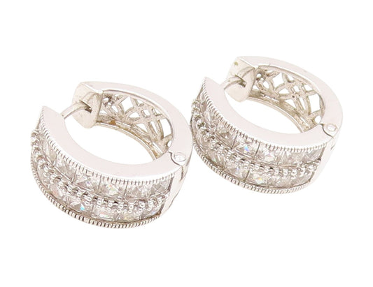 925 Sterling Silver Vintage Earrings TYCOON Sparkling CZ Huggie Hoops  EG13949