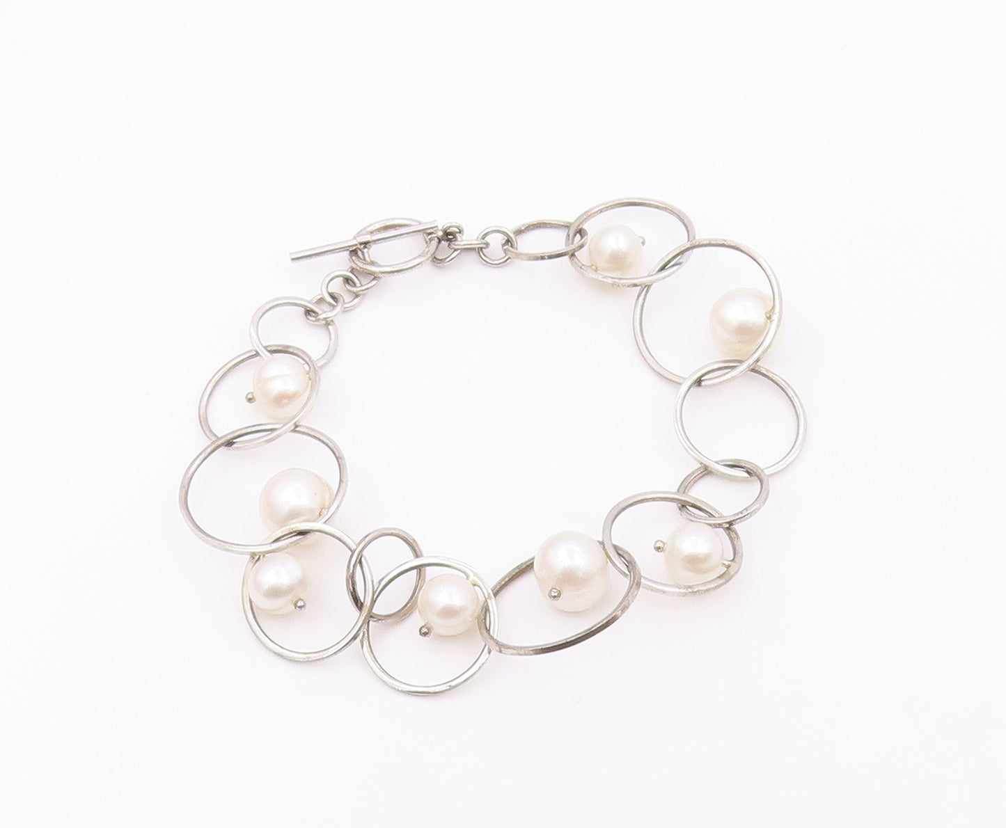 925 Sterling Silver  Vintage Cultured Pearl Open Circle Chain Bracelet  BT8935